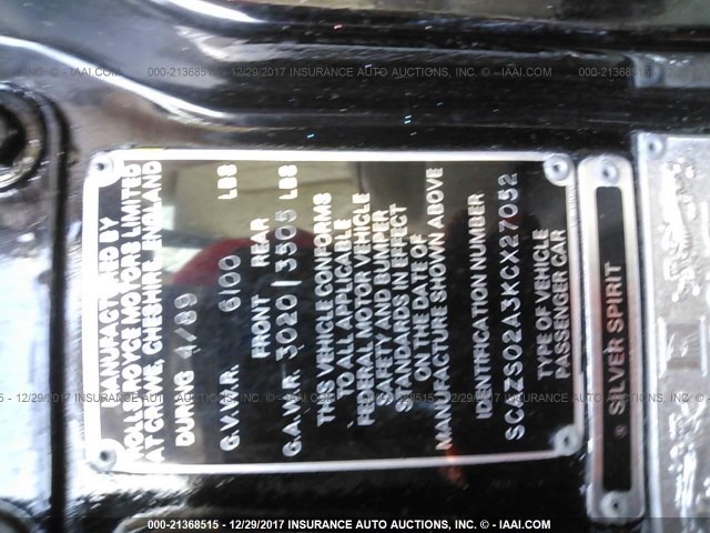 SCAZS02A3KCX27052 - 1989 ROLLS-ROYCE SILVER SPIRIT  SILVER photo 9