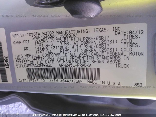 5TFLU4EN5CX040955 - 2012 TOYOTA TACOMA DOUBLE CAB ვერცხლისფერი ფოტო 9