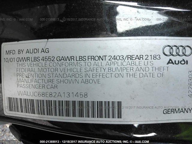 WAUJC68E82A131458 - 2002 AUDI A4 1.8T BLACK photo 9