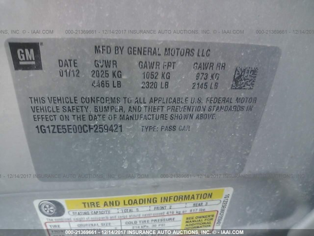 1G1ZE5E00CF259421 - 2012 CHEVROLET MALIBU LTZ 银色 照片 9