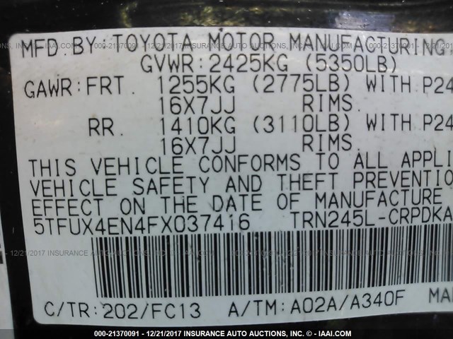 5TFUX4EN4FX037416 - 2015 TOYOTA TACOMA ACCESS CAB BLACK photo 9