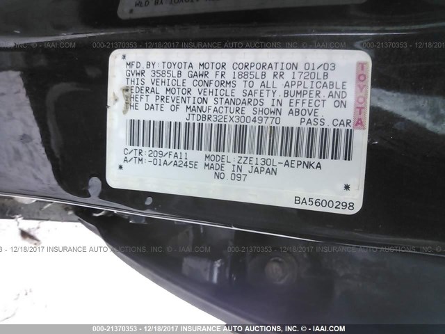 JTDBR32EX30049770 - 2003 TOYOTA COROLLA CE/LE BLACK photo 9