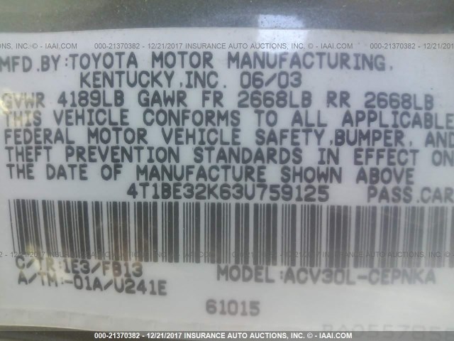 4T1BE32K63U759125 - 2003 TOYOTA CAMRY LE/XLE/SE GRAY photo 9