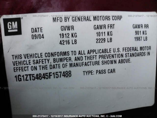 1G1ZT54845F157488 - 2005 CHEVROLET MALIBU LS მუქწითელი ფოტო 9