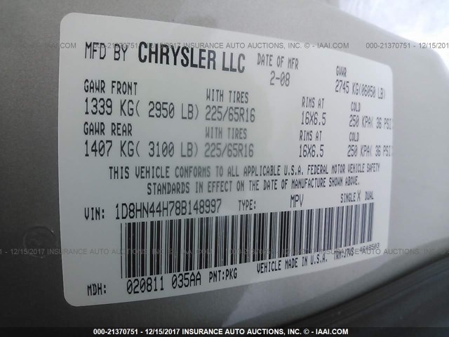 1D8HN44H78B148997 - 2008 DODGE GRAND CARAVAN SE BEIGE photo 9