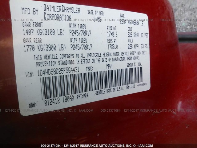 1D4HD58D25F564431 - 2005 DODGE DURANGO LIMITED RED photo 9