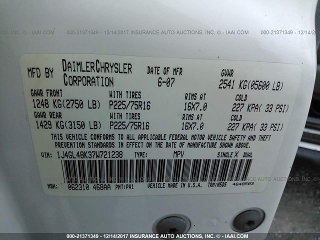 1J4GL48K37W721238 - 2007 JEEP LIBERTY SPORT 白色 照片 9