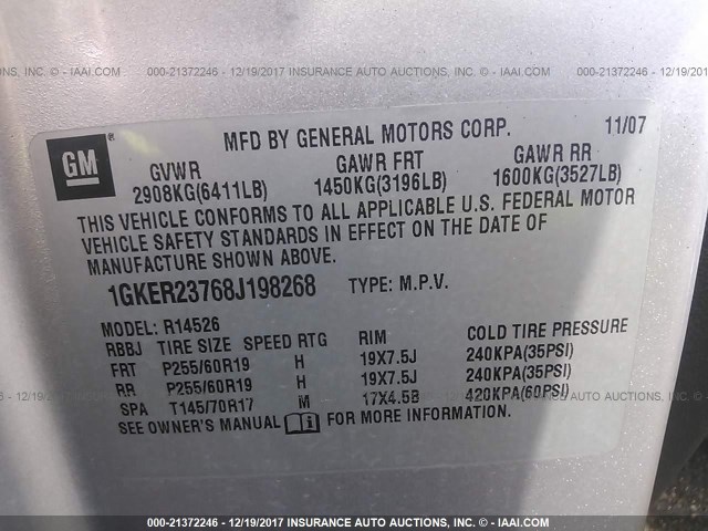 1GKER23768J198268 - 2008 GMC ACADIA SLT-1 Silber Foto 9