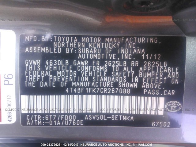 4T4BF1FK7CR267088 - 2012 TOYOTA CAMRY SE/LE/XLE GREEN photo 9