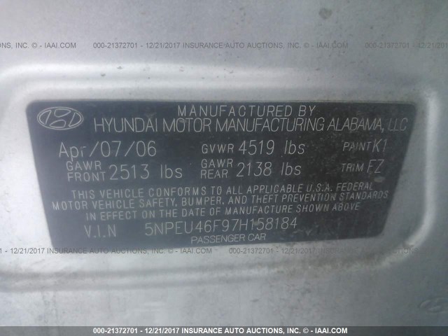 5NPEU46F97H158184 - 2007 HYUNDAI SONATA SE/LIMITED SILVER photo 9