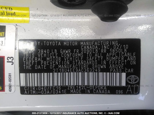 2T1BU4EE9AC363249 - 2010 TOYOTA COROLLA S/LE/XLE WHITE photo 9