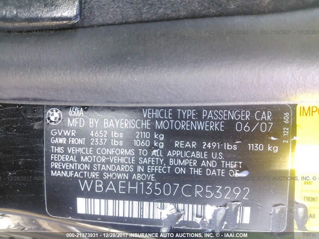 WBAEH13507CR53292 - 2007 BMW 650 I BLACK photo 9