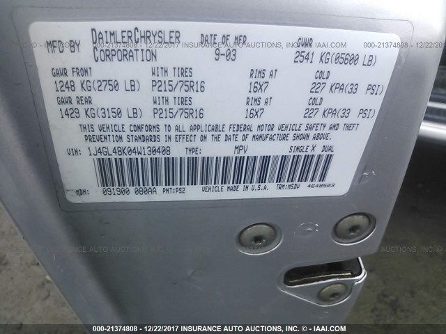 1J4GL48K04W130408 - 2004 JEEP LIBERTY SPORT 银色 照片 9