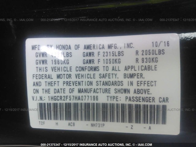 1HGCR2F57HA077196 - 2017 HONDA ACCORD SPORT შავი ფოტო 9