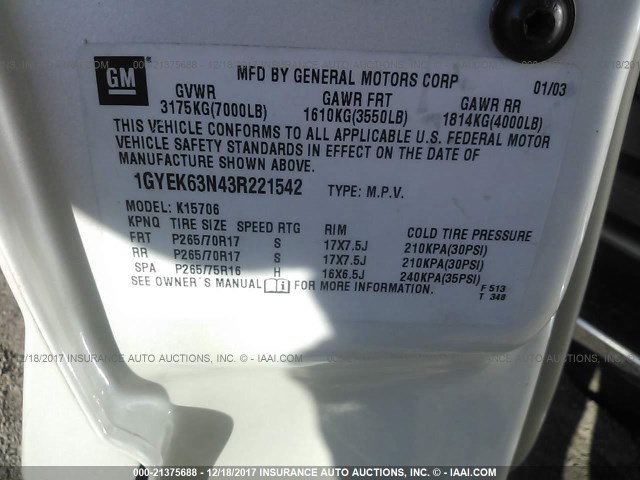 1GYEK63N43R221542 - 2003 CADILLAC ESCALADE LUXURY 白色 照片 9