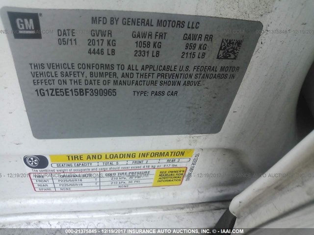 1G1ZE5E15BF390965 - 2011 CHEVROLET MALIBU LTZ 白色 照片 9