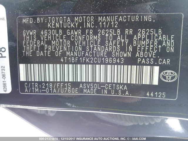 4T1BF1FK2CU196943 - 2012 TOYOTA CAMRY SE/LE/XLE 黑色 照片 9