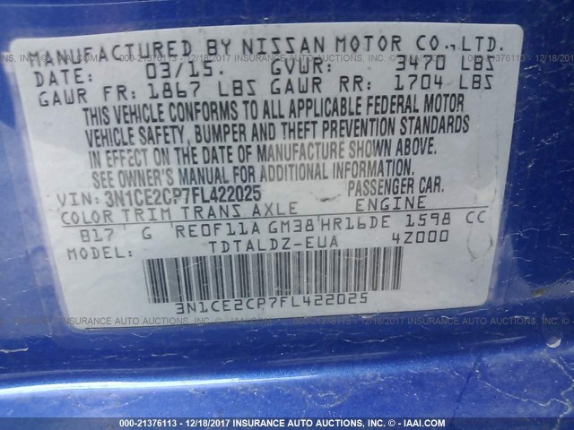 3N1CE2CP7FL422025 - 2015 NISSAN VERSA NOTE S/S PLUS/SV/SL/SR BLUE photo 9