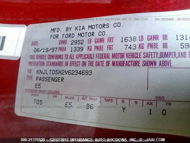 KNJLT05H2V6234693 - 1997 FORD ASPIRE RED photo 9