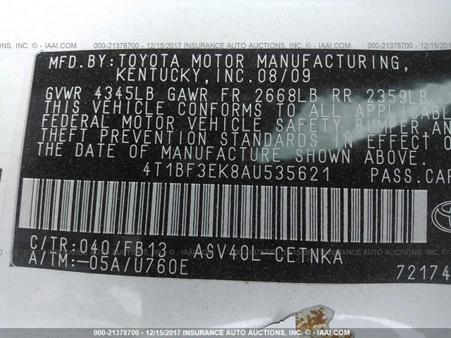 4T1BF3EK8AU535621 - 2010 TOYOTA CAMRY SE/LE/XLE WHITE photo 9