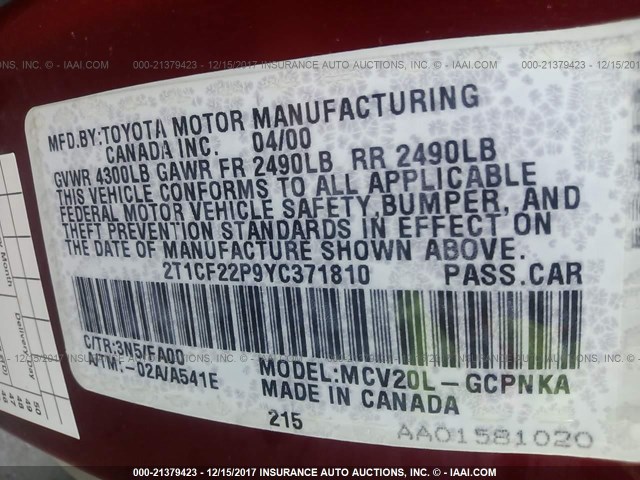 2T1CF22P9YC371810 - 2000 TOYOTA CAMRY SOLARA SE/SLE 红色 照片 9