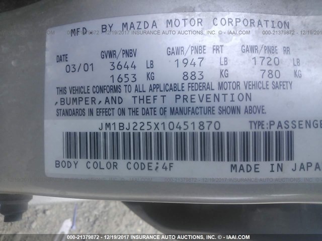 JM1BJ225X10451870 - 2001 MAZDA PROTEGE LX/ES 棕色 照片 9