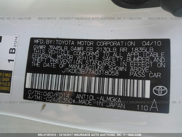 JTKDE3B77A0318058 - 2010 TOYOTA SCION TC 白色 照片 9