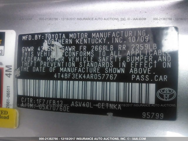 4T4BF3EK4AR057767 - 2010 TOYOTA CAMRY SE/LE/XLE ვერცხლისფერი ფოტო 9