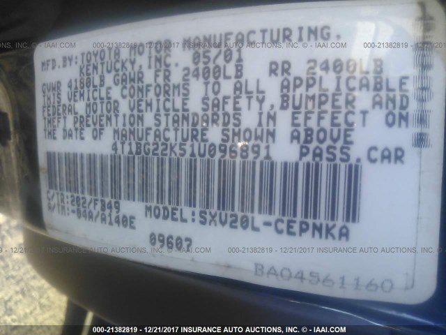 4T1BG22K51U096891 - 2001 TOYOTA CAMRY CE/LE/XLE 黑色 照片 9