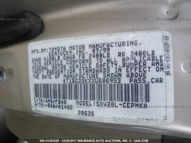 4T1BG22KXXU606953 - 1999 TOYOTA CAMRY CE/LE/XLE GOLD photo 9