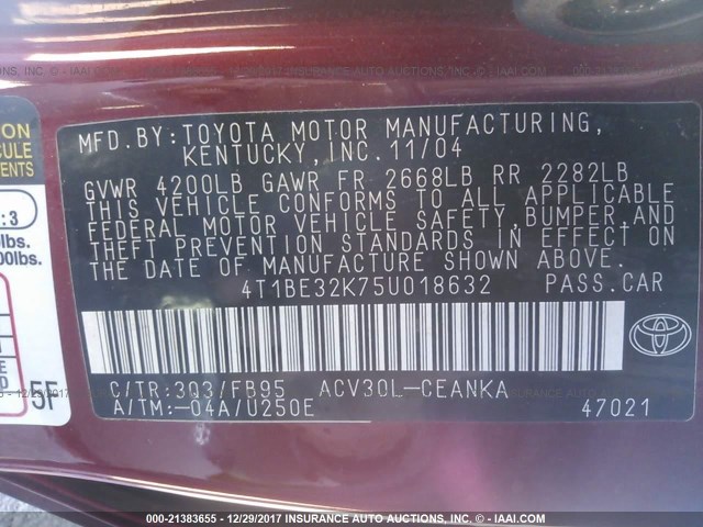 4T1BE32K75U018632 - 2005 TOYOTA CAMRY LE/XLE/SE RED photo 9