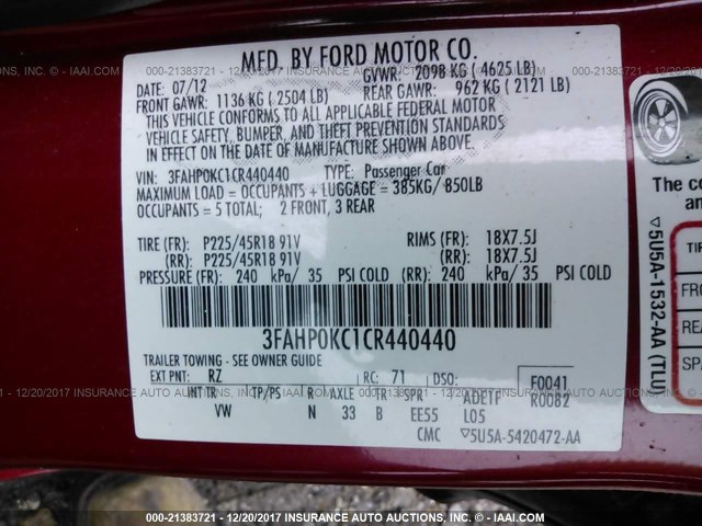 3FAHP0KC1CR440440 - 2012 FORD FUSION SPORT RED photo 9