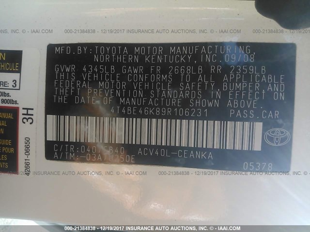 4T4BE46K89R106231 - 2009 TOYOTA CAMRY SE/LE/XLE WHITE photo 9