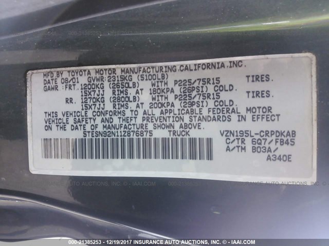 5TESN92N11Z876875 - 2001 TOYOTA TACOMA XTRACAB PRERUNNER მწვანე ფოტო 9