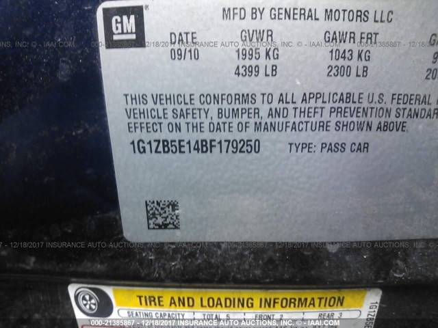 1G1ZB5E14BF179250 - 2011 CHEVROLET MALIBU LS ლურჯი ფოტო 9