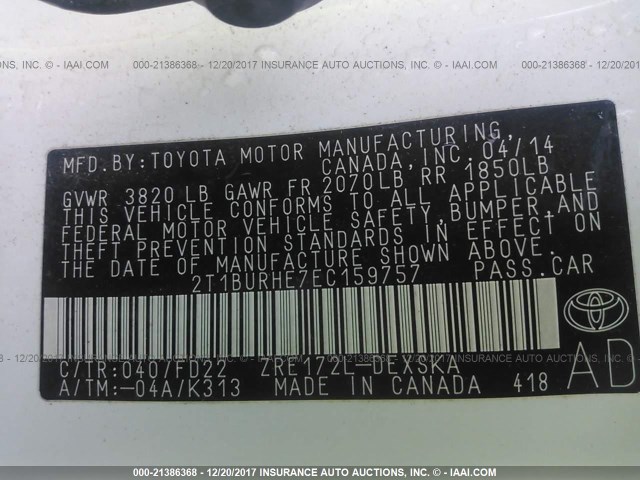 2T1BURHE7EC159757 - 2014 TOYOTA COROLLA L/LE/LE PLS/PRM/S/S PLS WHITE photo 9