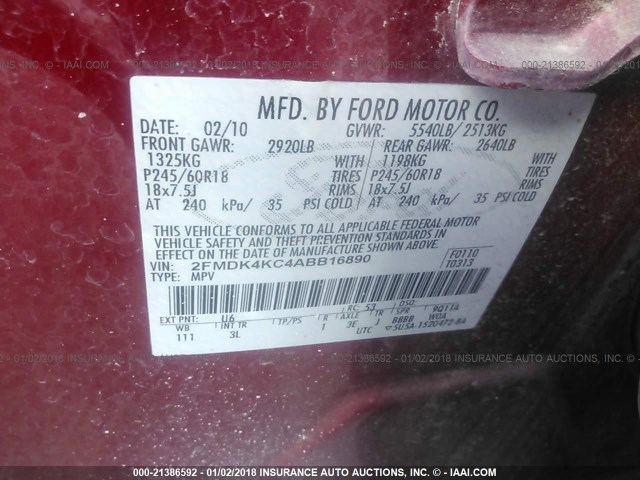 2FMDK4KC4ABB16890 - 2010 FORD EDGE LIMITED RED photo 9