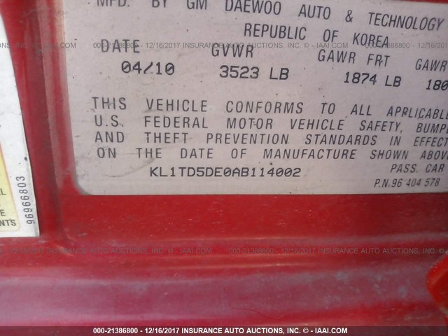 KL1TD5DE0AB114002 - 2010 CHEVROLET AVEO LS/LT 红色 照片 9