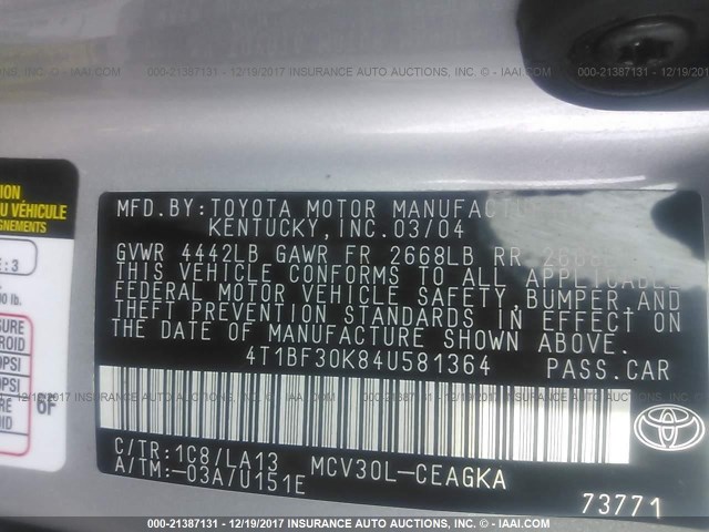 4T1BF30K84U581364 - 2004 TOYOTA CAMRY LE/XLE/SE SILVER photo 9