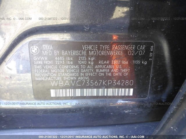 WBAVC73567KP34280 - 2007 BMW 328 XI SULEV GRAY photo 9