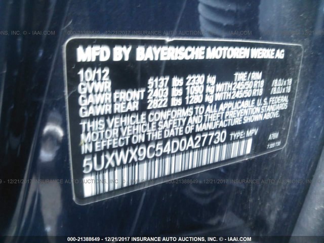 5UXWX9C54D0A27730 - 2013 BMW X3 XDRIVE28I BLACK photo 9