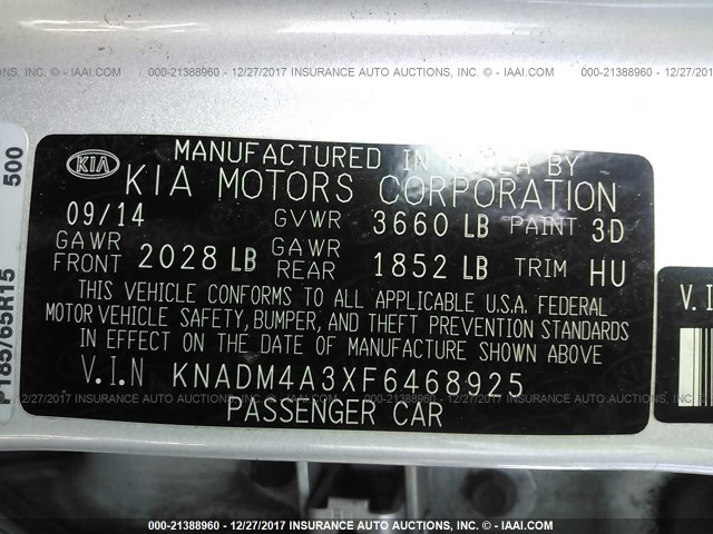 KNADM4A3XF6468925 - 2015 KIA RIO LX Արծաթագույն լուսանկար 9