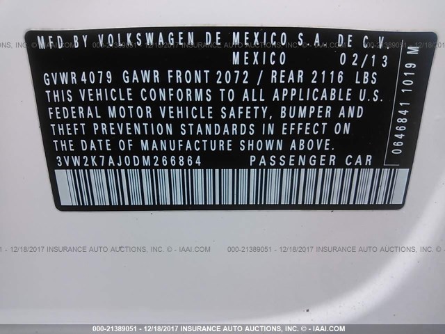 3VW2K7AJ0DM266864 - 2013 VOLKSWAGEN JETTA S 白色 照片 9