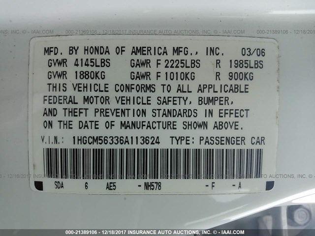 1HGCM56336A113624 - 2006 HONDA ACCORD SE WHITE photo 9