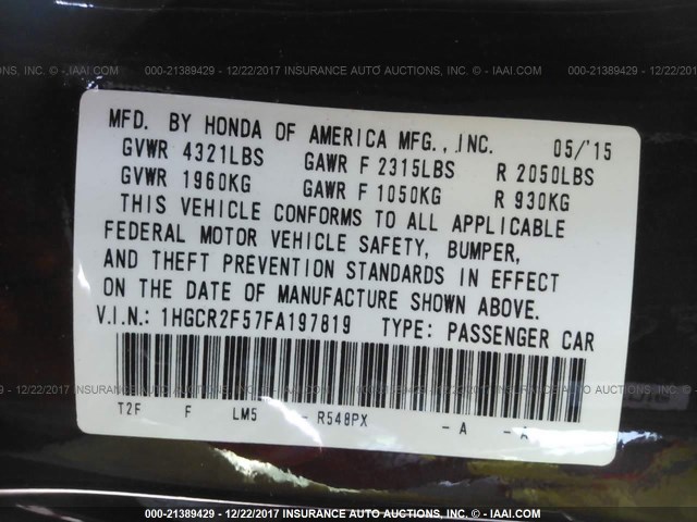 1HGCR2F57FA197819 - 2015 HONDA ACCORD SPORT 勃艮第红 照片 9