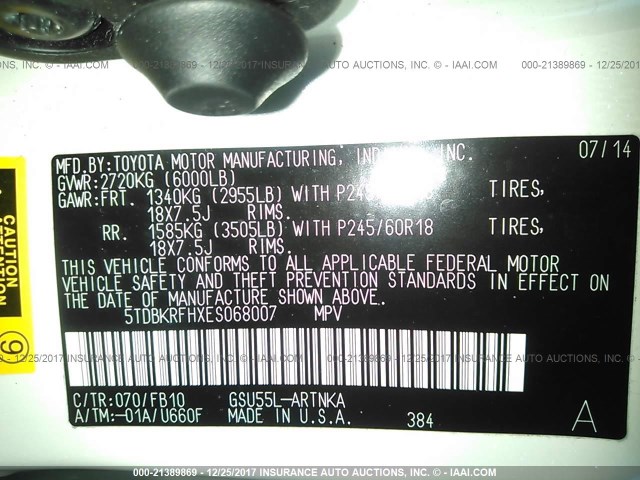 5TDBKRFHXES068007 - 2014 TOYOTA HIGHLANDER LE/LE PLUS WHITE photo 9