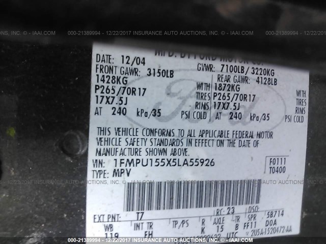 1FMPU155X5LA55926 - 2005 FORD EXPEDITION XLT ნაცრისფერი ფოტო 9