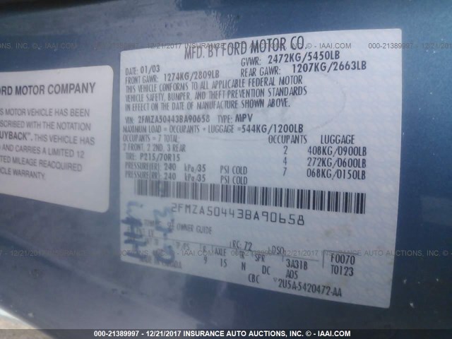 2FMZA50443BA90658 - 2003 FORD WINDSTAR WAGON BLUE photo 9