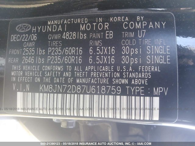 KM8JN72D87U618759 - 2007 HYUNDAI TUCSON SE/LIMITED BLACK photo 9