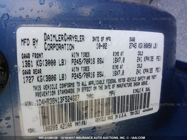 1D4HR38N13F524627 - 2003 DODGE DURANGO SPORT BLUE photo 9